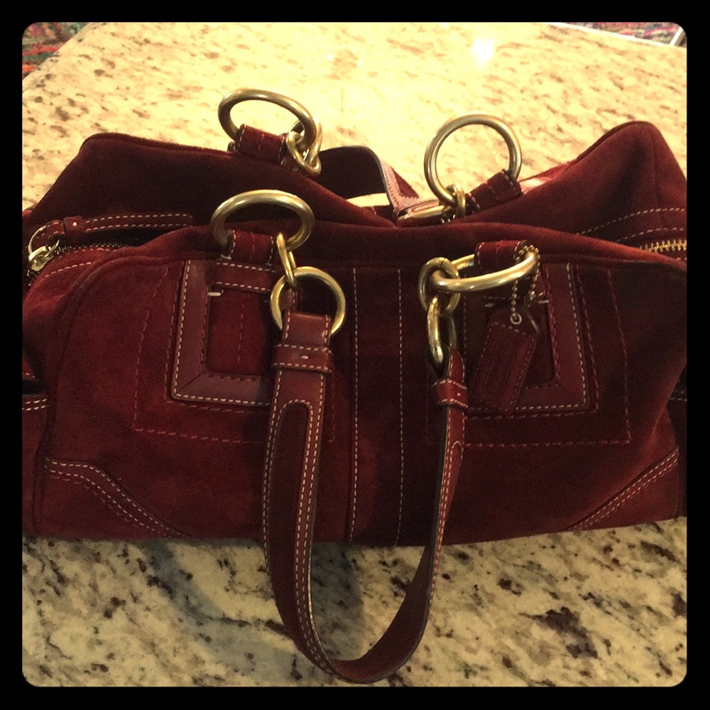 Wine suede Coach handbag
